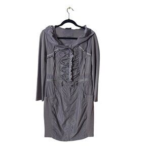 Gray Long-Sleeve Hooded Dress With Ruffle Detail & Zipper Accents